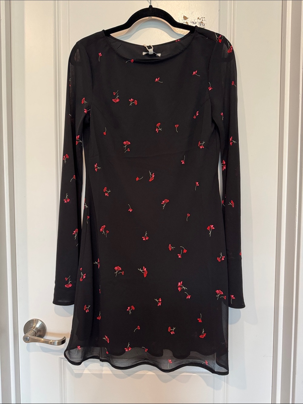 Black Long-Sleeve Floral Mini Dress with Red Rose Print